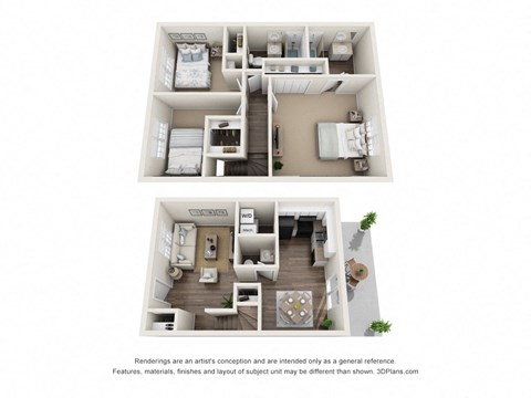 a stylized floor plan with a bedroom and a living room